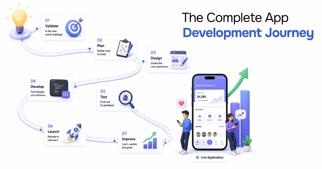The complete app development journey: validate, plan, design, develop, test, launch, and improve