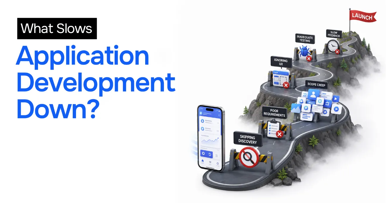 What slows app development down: skipping discovery, poor requirements, scope creep, ignoring UX, inadequate testing, and slow feedback